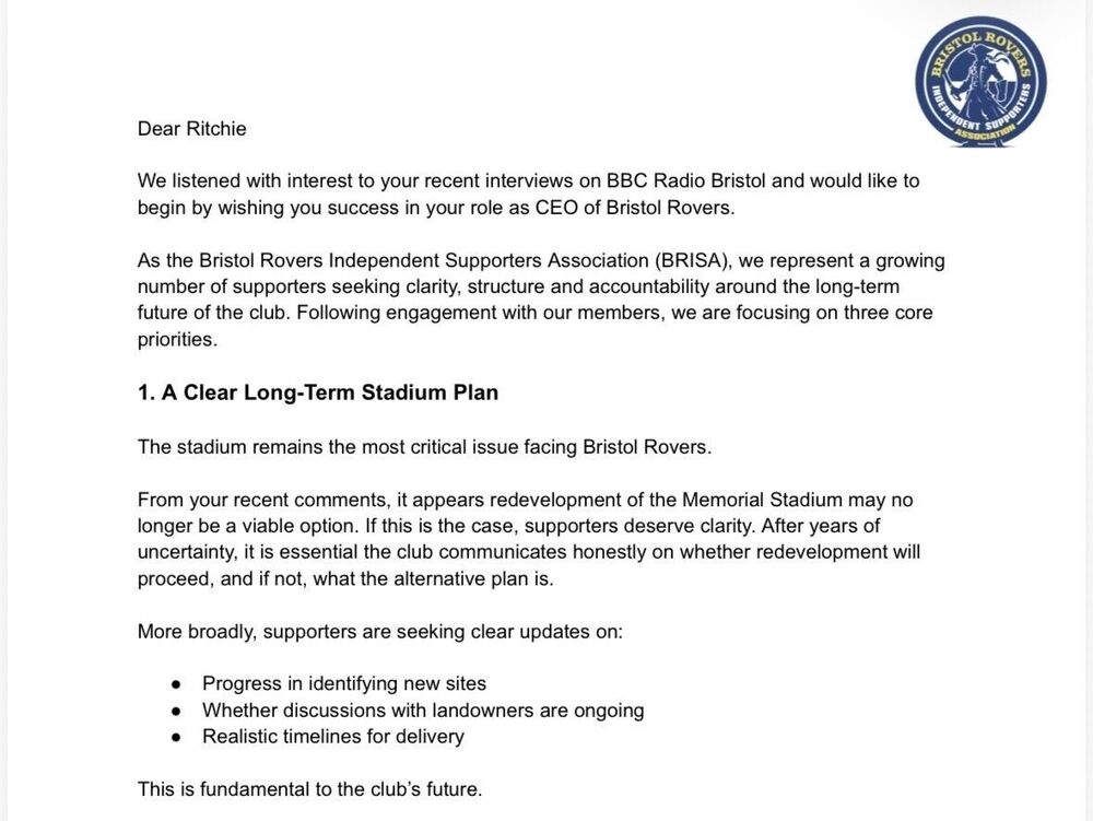 Open Letter to CEO Ritchie Bates | Bristol Rovers ISA