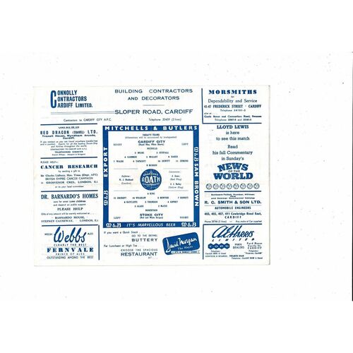 1958/59 Cardiff City v Stoke City Football Programme