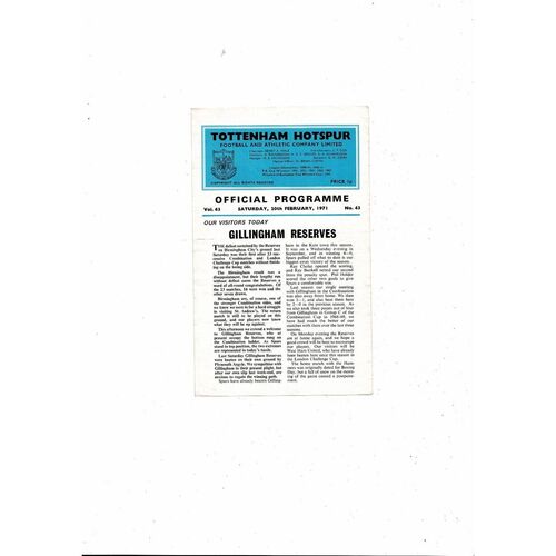 Tottenham Hotspur v Gillingham Football Combination Programme 1970/71