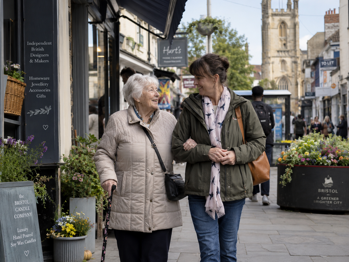 Older woman rebuilding confidence outdoors after a stroke while walking arm in arm with her daughter in Bristol.
