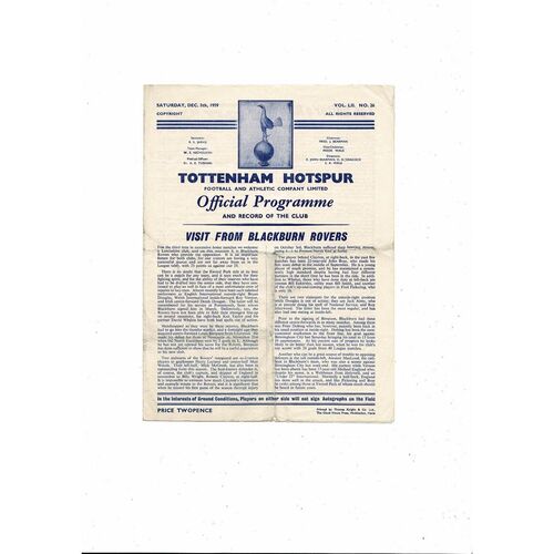 1959/60 Tottenham Hotspur v Blackburn Rovers Football Programme