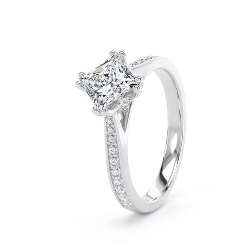 Alternate set princess cut double claw solitaire with diamond set shoulders