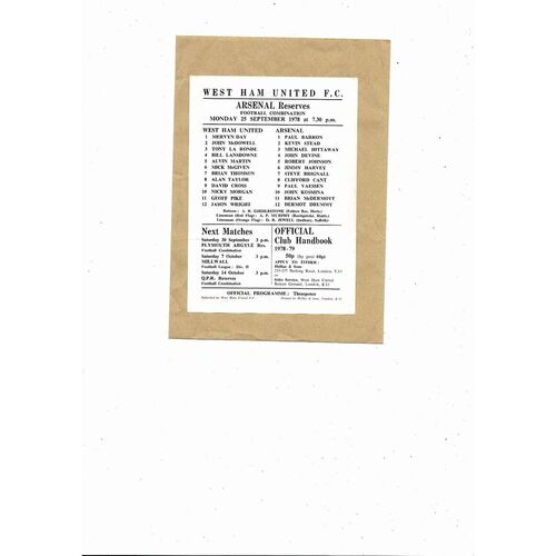 West Ham United v Arsenal Football Combination Programme 1978/79
