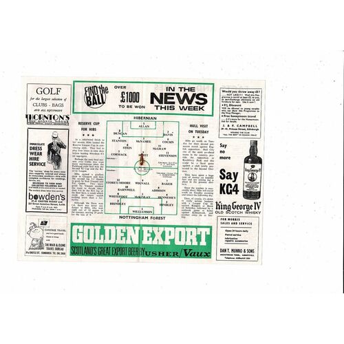 Hibernian v Nottingham Forest Friendly Football Programme 1966/67