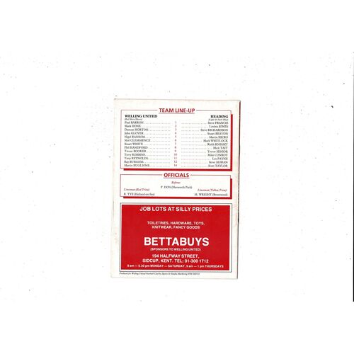 Welling United v Reading FA Cup Replay Football Programme 1989/90