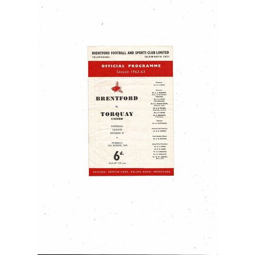 1962/63 Brentford v Torquay United Football Programme