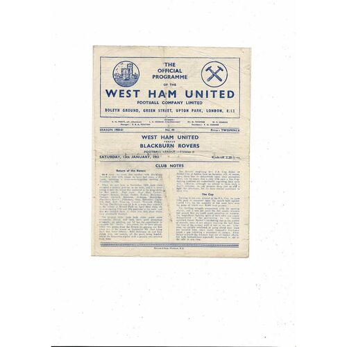 1950/51 West Ham United v Blackburn Rovers Football Programme