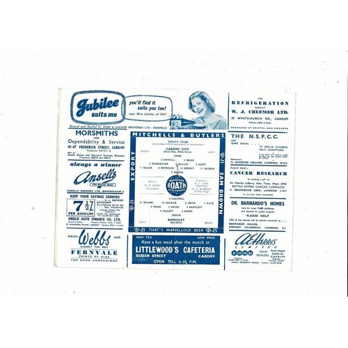 1957/58 Cardiff City v Barnsley Football Programme