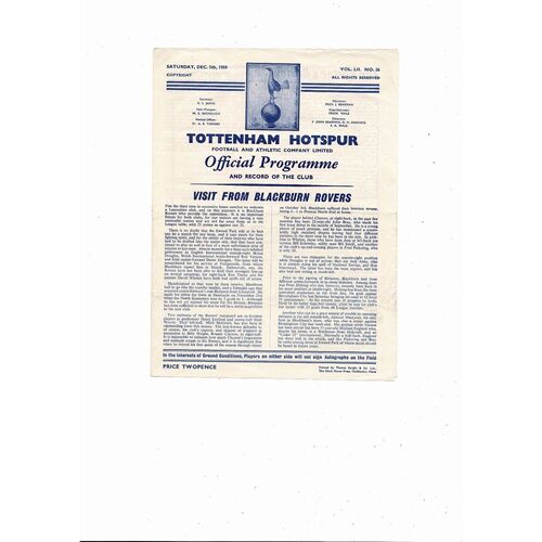 1959/60 Tottenham Hotspur v Blackburn Rovers Football Programme