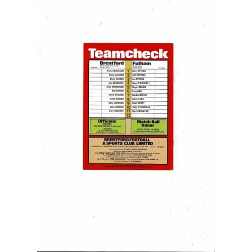 1981/82 Brentford v Fulham Football Programme