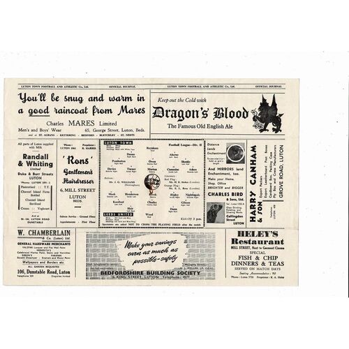 1954/55 Luton Town v Leeds United Football Programme