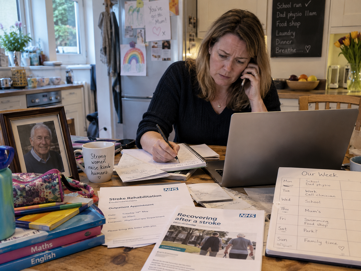 Woman juggling work, school responsibilities and her father’s stroke recovery paperwork at the kitchen table.