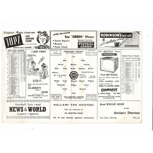 1958/59 Stockport County v Colchester United Football Programme