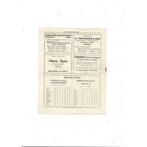 1958/59 Walsall v Aldershot Football Programme