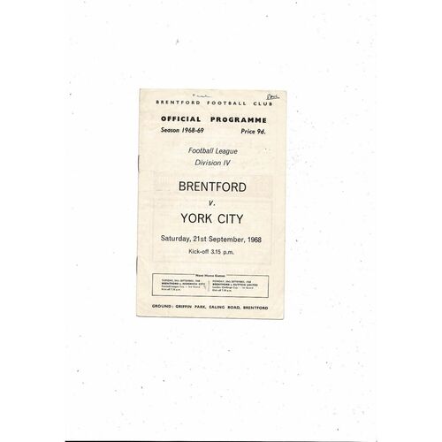 1968/69 Brentford v York City Football Programme
