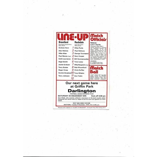 1975/76 Brentford v Rochdale Football Programme