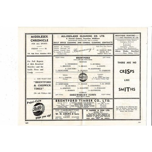 1956/57 Brentford v Shrewsbury Town Football Programme