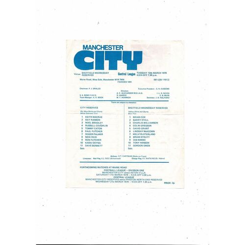Manchester City v Sheffield Wednesday Central League Football Programme 1978/79