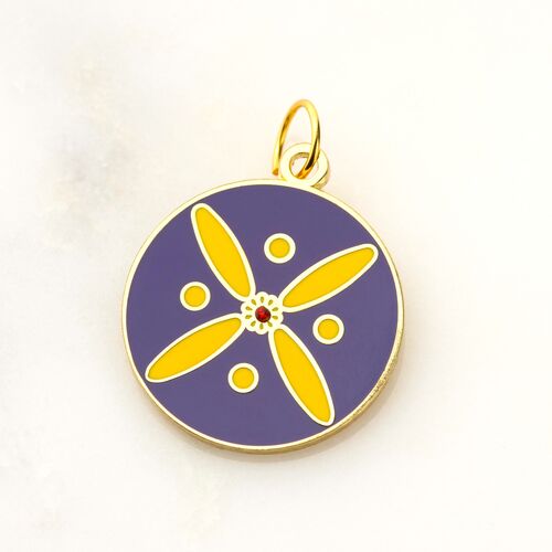 Round Pendant. The Persian Cross. Deep Yellow on Purple with 1 Central Red Stone.