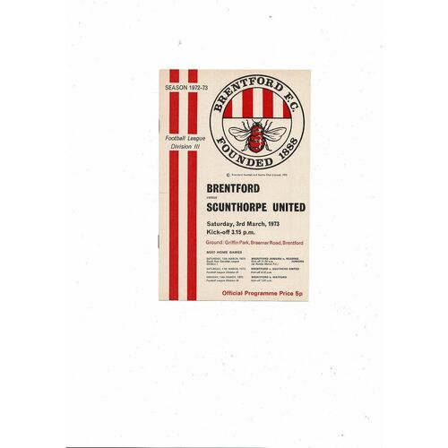1972/73 Brentford v Scunthorpe United Football Programme