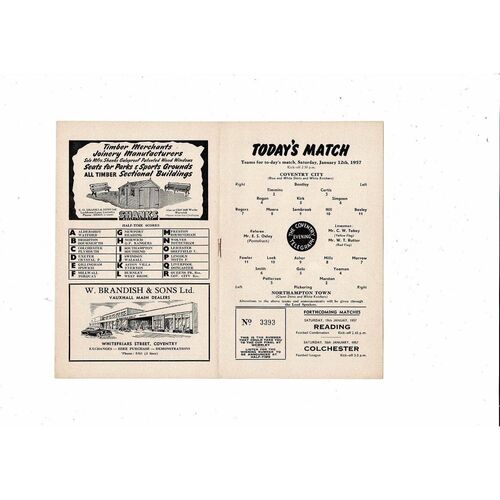 1956/57 Coventry City v Northampton Town Football Programme 12th January