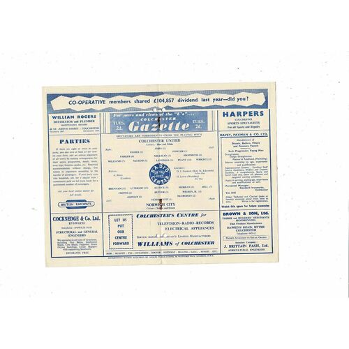 1958/59 Colchester United v Norwich City Football Programme