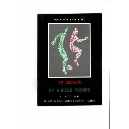 1992 Monaco v Werder Bremen European Cup Winners Cup Final Football Programme + Team Sheet