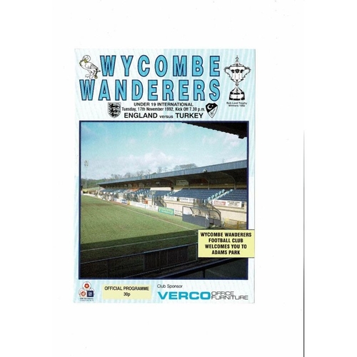 1992 England v Turkey Youth International Football Programme