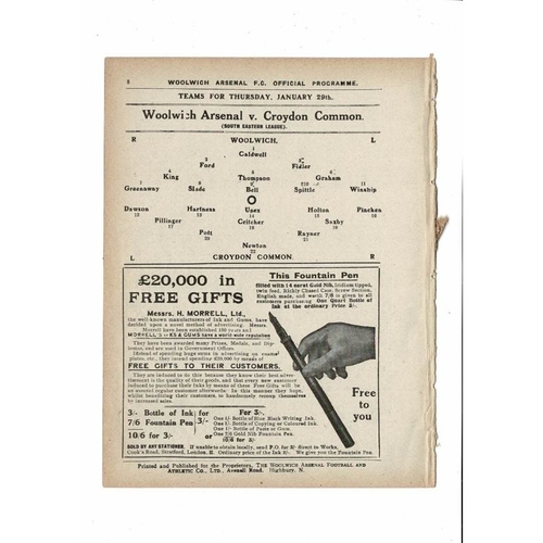 1913/14 Woolwich Arsenal v Croydon Common + Middlesex v Essex Double Football Programme