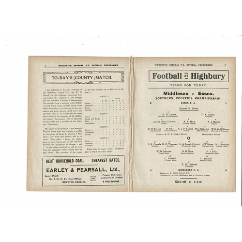 1913/14 Woolwich Arsenal v Croydon Common + Middlesex v Essex Double Football Programme