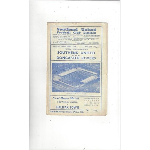 1958/59 Southend United v Doncaster Rovers Football Programme