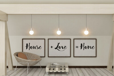 An image of 3 frames with the words “House +Love =Home” written on them next to a chair, which are examples of the finishing touches that Catherine Brennan, Interior Designer of New Forest Designs, offers when providing Home Interior Design Services.