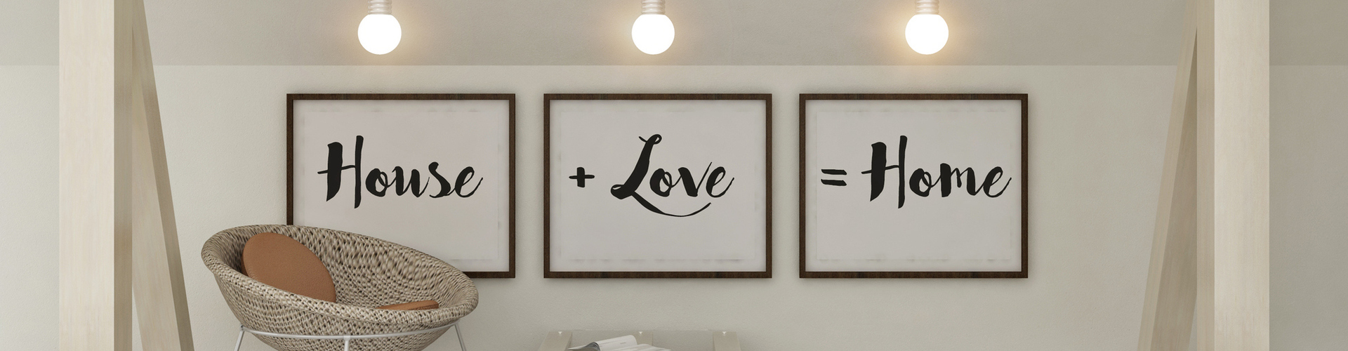 An image of 3 frames with the words “House +Love =Home” written on them next to a chair, which are examples of the finishing touches that Catherine Brennan, Interior Designer of New Forest Designs, offers when providing Home Interior Design Services. 