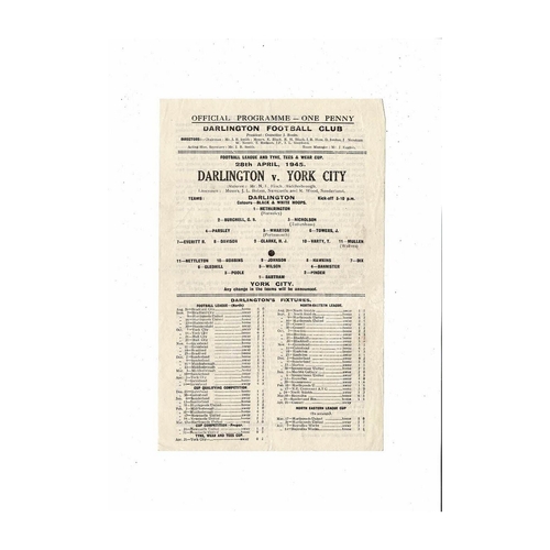 1944/45 Darlington v York City Tyne Tees & Wear Cup Football Programme