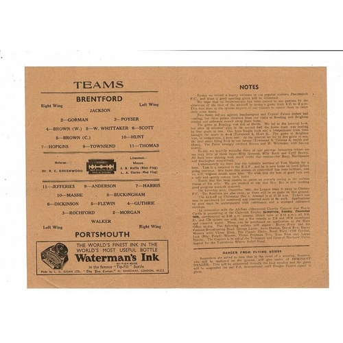1944/45 Brentford v Portsmouth Football Programme