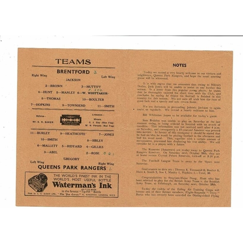 1944/45 Brentford v Queens Park Rangers Football Programme