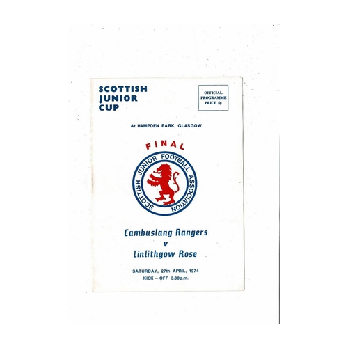 1974 Cambuslang Rangers v Linlithgow Rose Scottish Junior Cup Final Football Programme