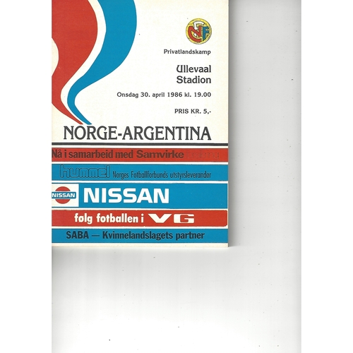 Norway v Argentina Football Programme 1986