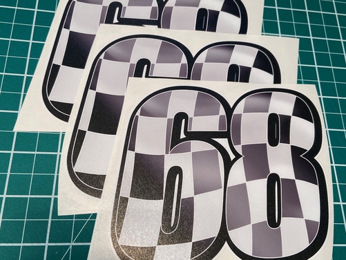 3 X Racing Numbers with Wavy Chequered Flag - Stickers Decals Race Motorbike MX
