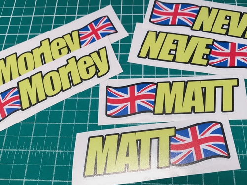 2 X Personalised Rider Name Screen Stickers with FLAG