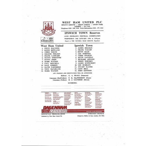 West Ham United v Ipswich Town Football Combination Programme 1995/96