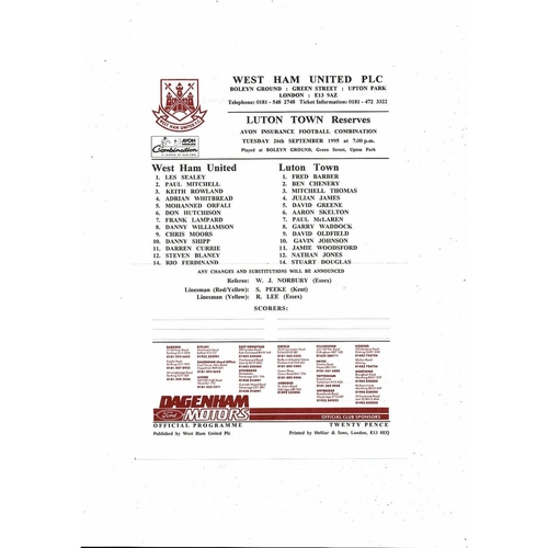 West Ham United v Luton Town Football Combination Programme 1995/96