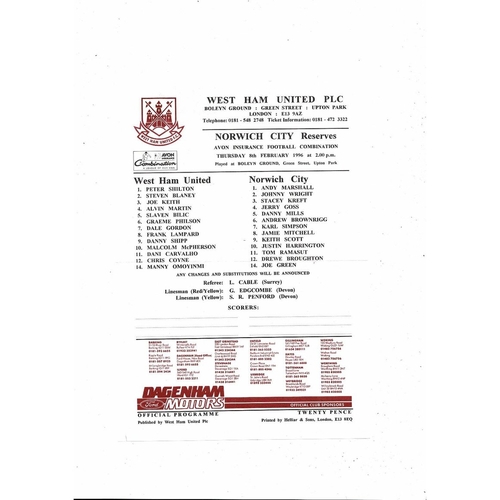 West Ham United v Norwich City Football Combination Programme 1995/96