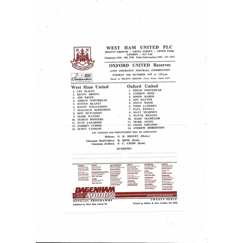 West Ham United v Oxford United Football Combination Programme 1995/96