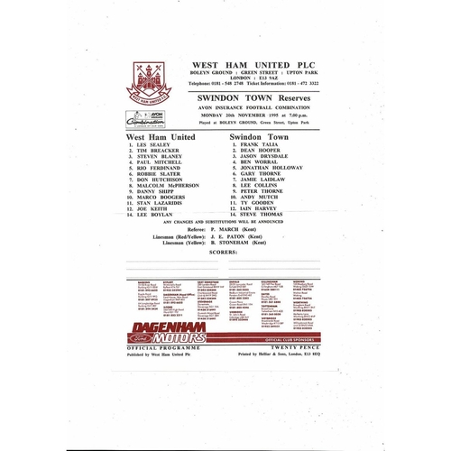 West Ham United v Swindon Town Football Combination Programme 1995/96