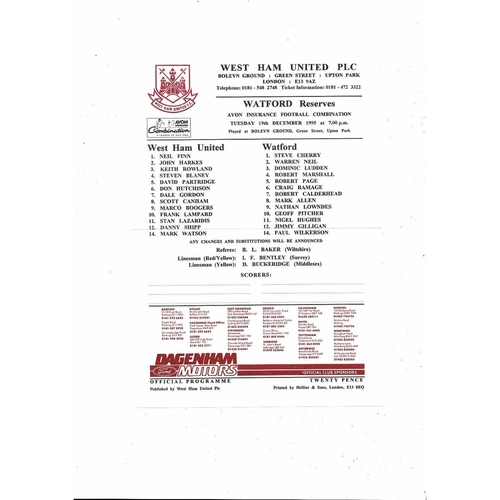 West Ham United v Watford Football Combination Programme 1995/96