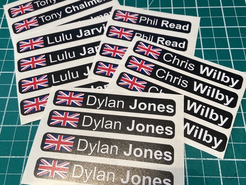 3 X Custom Rider Name Helmet Stickers - Bike Bicycle Cycling - Choose Flag