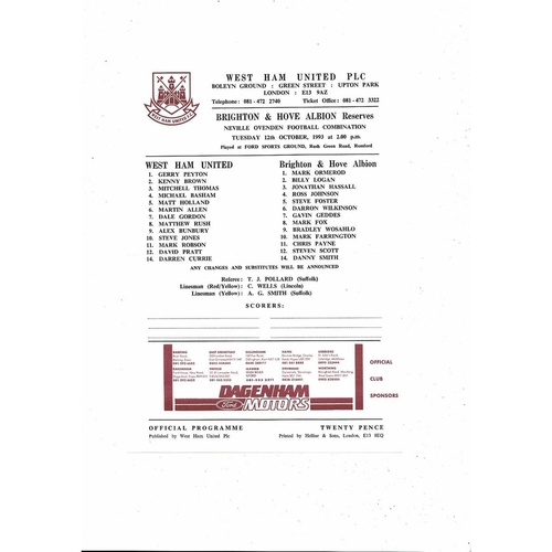 West Ham United v Brighton Football Combination Programme 1993/94