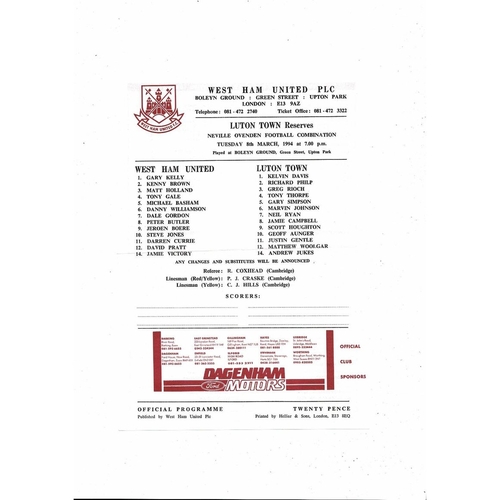 West Ham United v Luton Town Football Combination Programme 1993/94