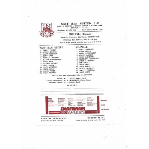 West Ham United v Millwall Football Combination Programme 1993/94